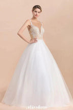 Gorgeous Illusion Neck Button Sleeveless White Ball Gown Wedding Dress