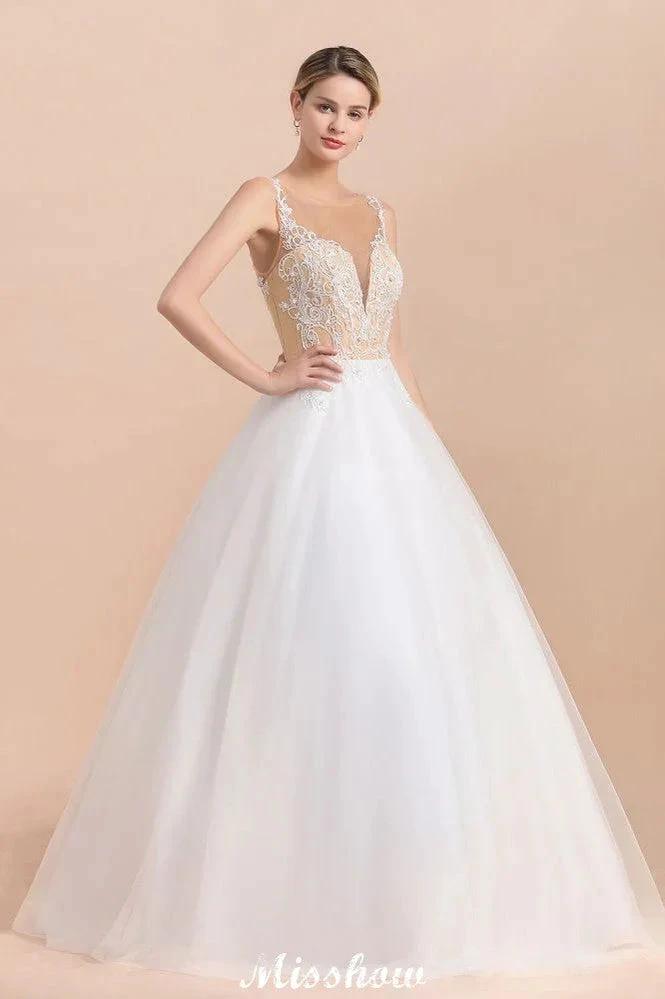 Gorgeous Illusion Neck Button Sleeveless White Ball Gown Wedding Dress