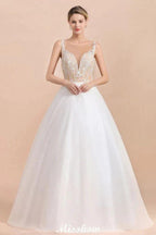 Gorgeous Illusion Neck Button Sleeveless White Ball Gown Wedding Dress