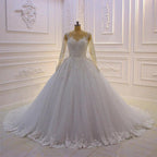 Gorgeous Long A-Line Bateau Pearl Tulle Appliques Lace Wedding Dress with Sleeves