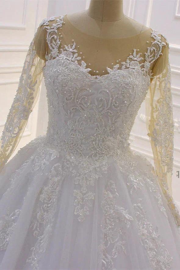 Gorgeous Long A-Line Bateau Pearl Tulle Appliques Lace Wedding Dress with Sleeves