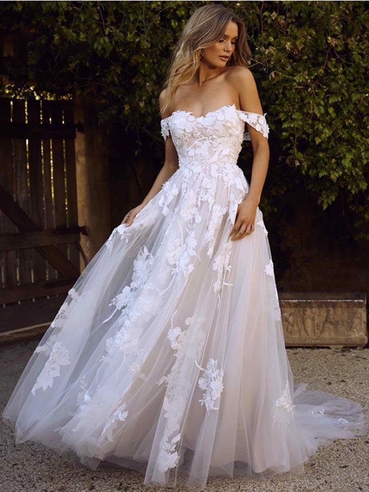 Gorgeous Long A-line Off the Shoulder Open Back Appliques Tulle Wedding Dresses