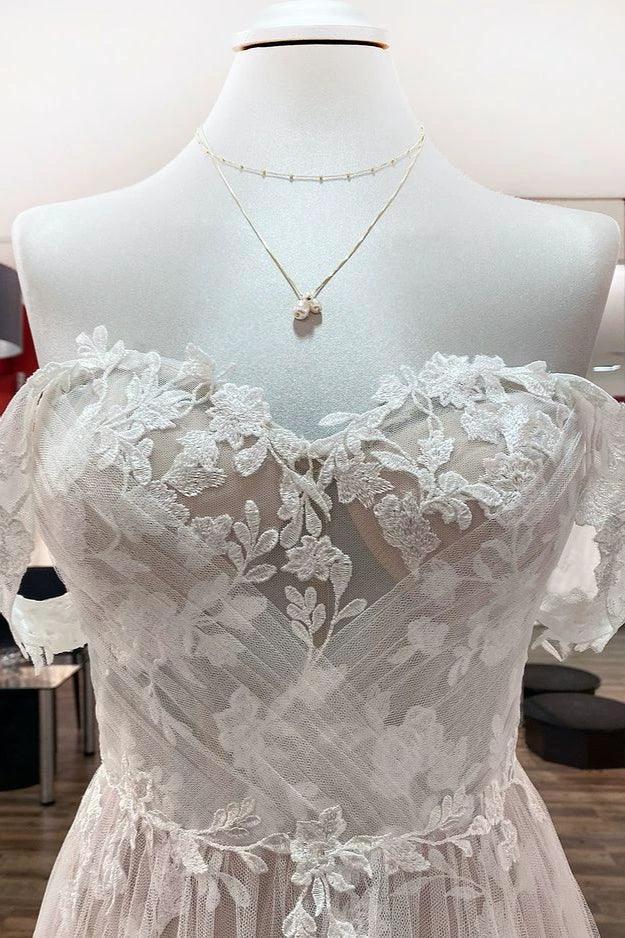 Gorgeous Long A-line Off-the-shoulder Tulle Appliques Lace Wedding Dress