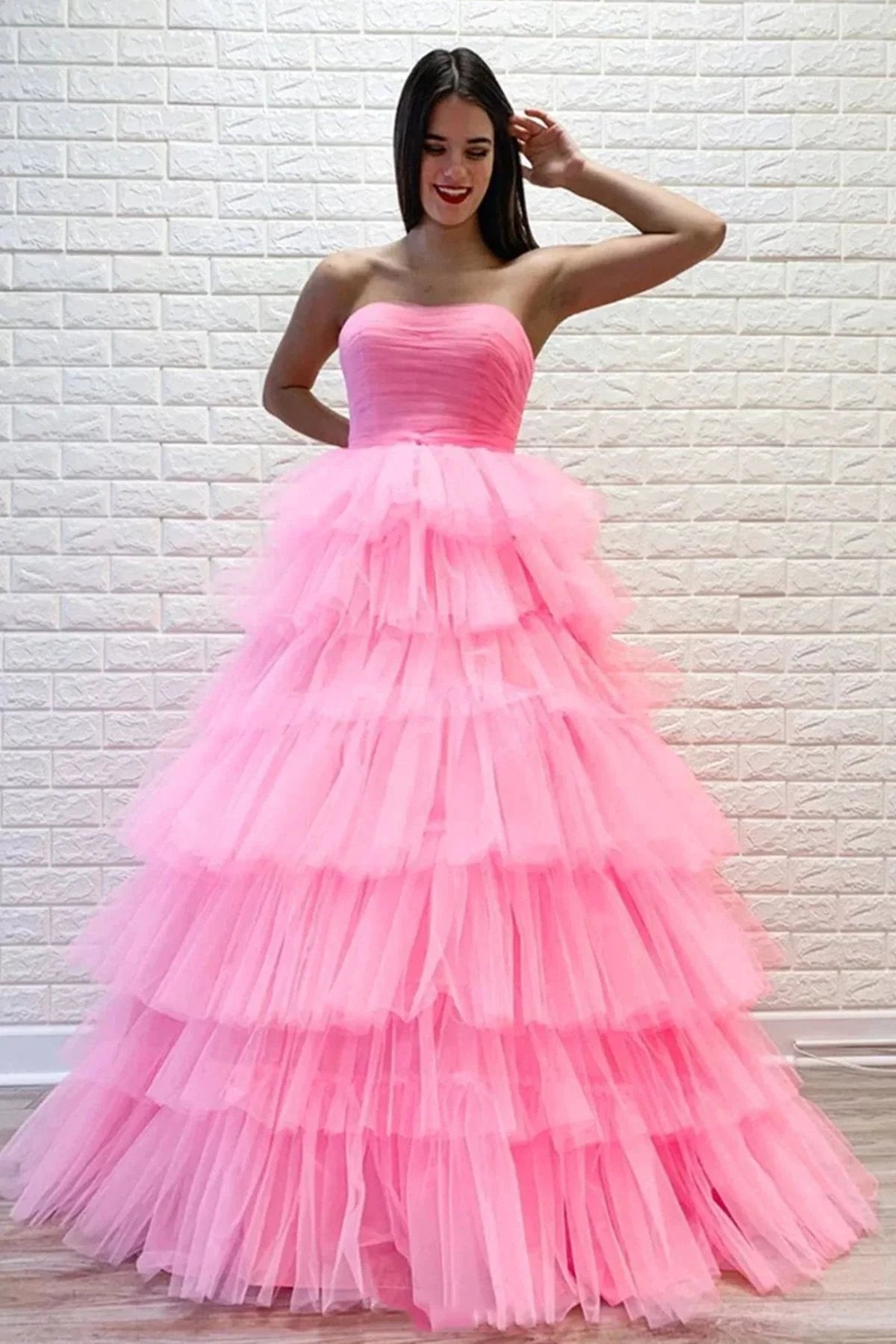 Gorgeous Long A-line Strapless Layered Tulle Prom Dress Pink Formal Evening Dresses