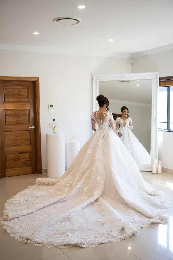 Gorgeous Long A-line Sweetheart Tulle Lace Open Back Wedding Dress with sleeves