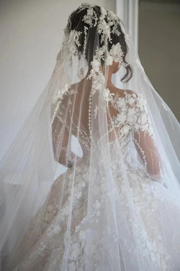 Gorgeous Long A-line Sweetheart Tulle Lace Open Back Wedding Dress with sleeves