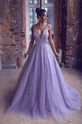 Gorgeous Long A-Line Tulle V-neck Appliques Lace Backless Prom Dress