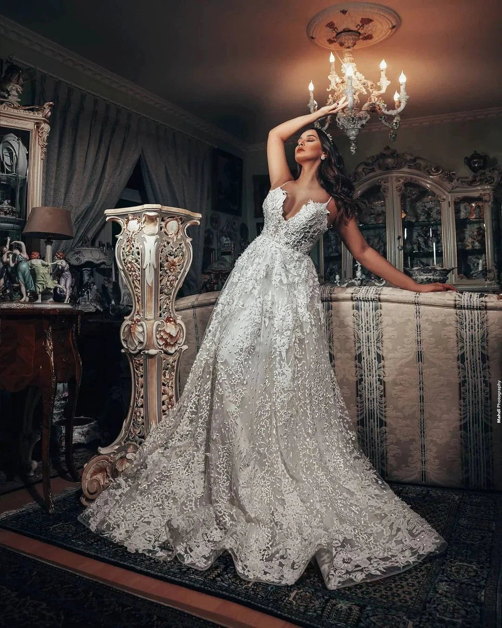 Gorgeous Long A-line V-neck 3D Floral Lace Wedding Dress
