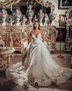Gorgeous Long A-line V-neck 3D Floral Lace Wedding Dress