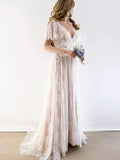 Gorgeous Long A-line V-Neck Lace Wedding Dresses with Cap Sleeves