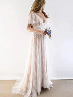 Gorgeous Long A-line V-Neck Lace Wedding Dresses with Cap Sleeves