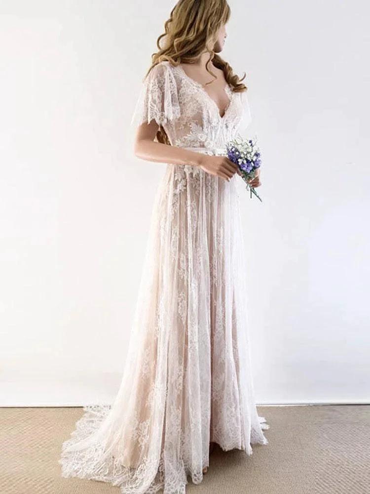 Gorgeous Long A-line V-Neck Lace Wedding Dresses with Cap Sleeves