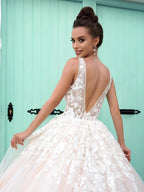 Gorgeous Long A-line V Neck Open Back Tulle Lace Graduation Prom Dresses