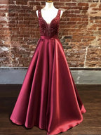 Gorgeous Long A-line V Neck Satin Graduation Prom Dresses with Beadings