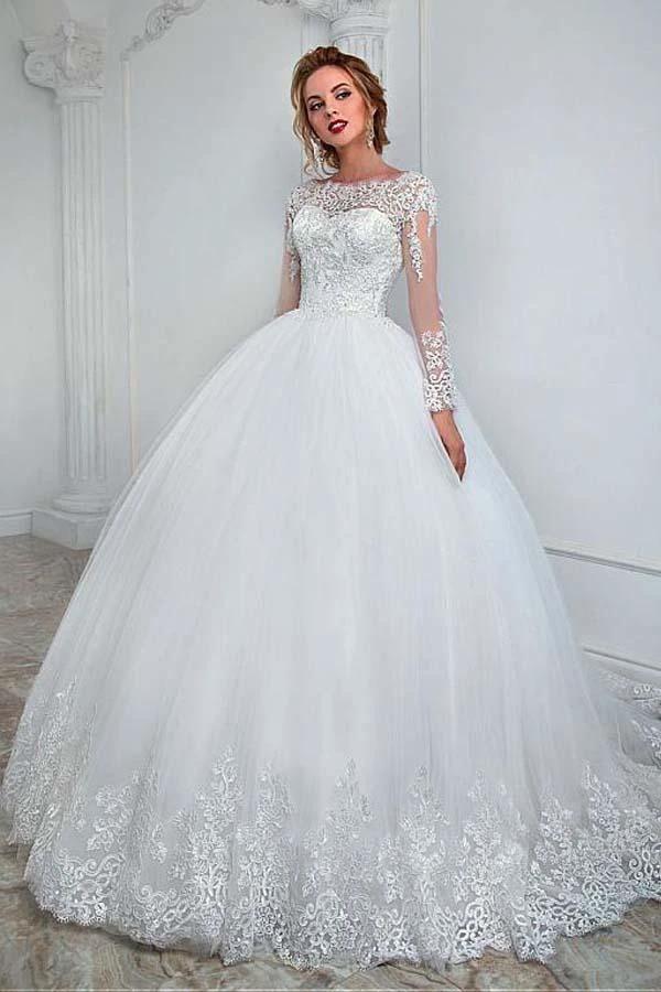 Gorgeous Long Ball Gown Jewel Tulle Lace Wedding Dress with Sleeves