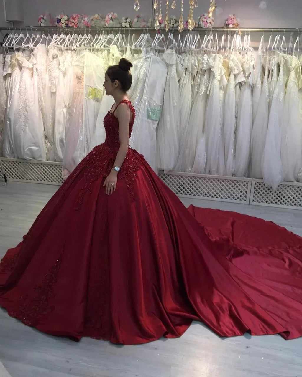 Gorgeous Long Ball Gown Sweetheart Appliques Lace Satin Prom Dress