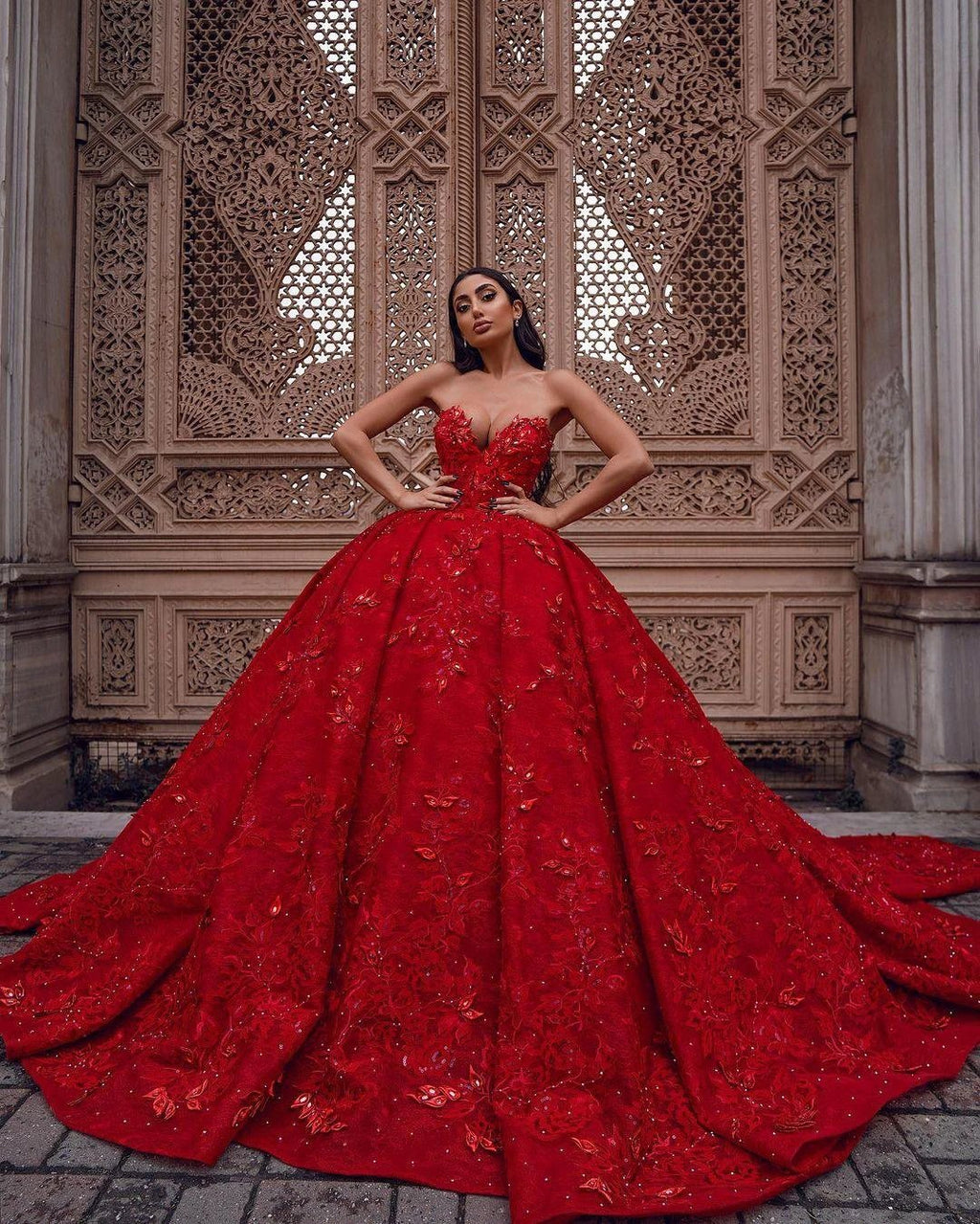 Gorgeous Long Ball Gown Sweetheart Satin Lace Red Prom Dress