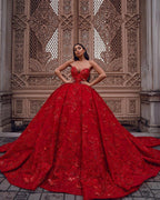 Gorgeous Long Ball Gown Sweetheart Satin Lace Red Prom Dress