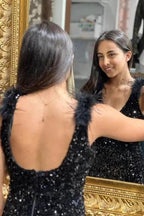 Gorgeous Long Black V-neck Split Sleeveless Mermaid Evening Dresses With Glitter