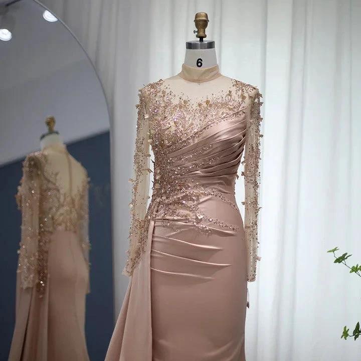 Gorgeous Long High Neck Beading Sequined Prom Dress With Long Sleeves