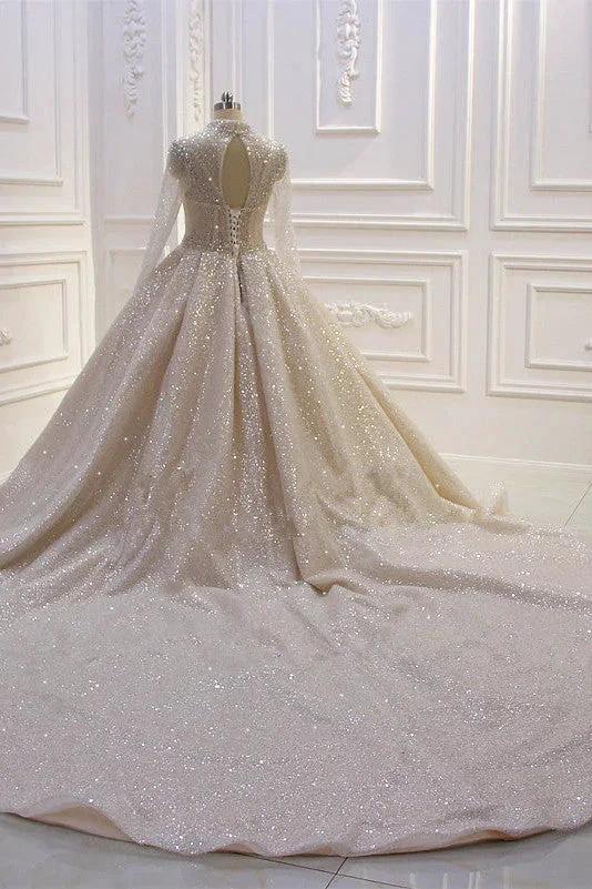 Gorgeous Long High neck Sequin Satin Ball Gown Wedding Dress with Sleeves