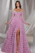 Gorgeous Long Lilac A-line Off-the-shoulder Sequined Tulle Prom Dress with Slit