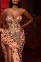 Gorgeous Long Mermaid Beading Sleeveless Split Prom Dress With Ruffles