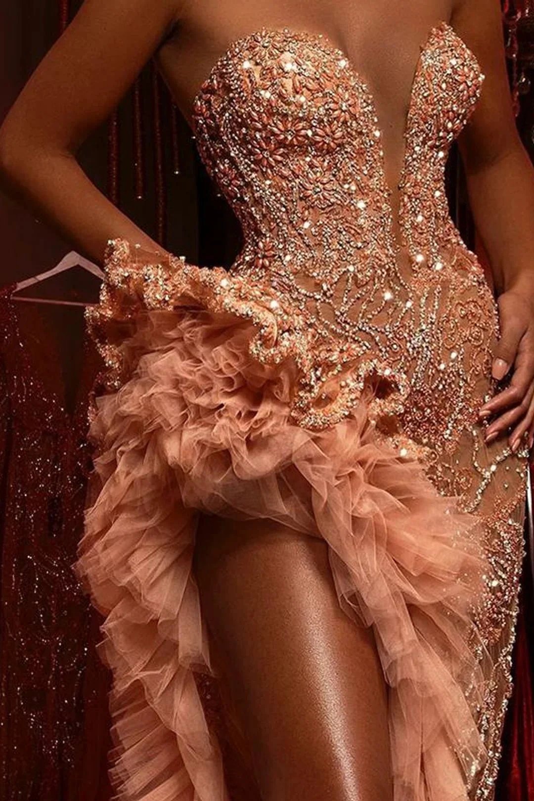 Gorgeous Long Mermaid Beading Sleeveless Split Prom Dress With Ruffles