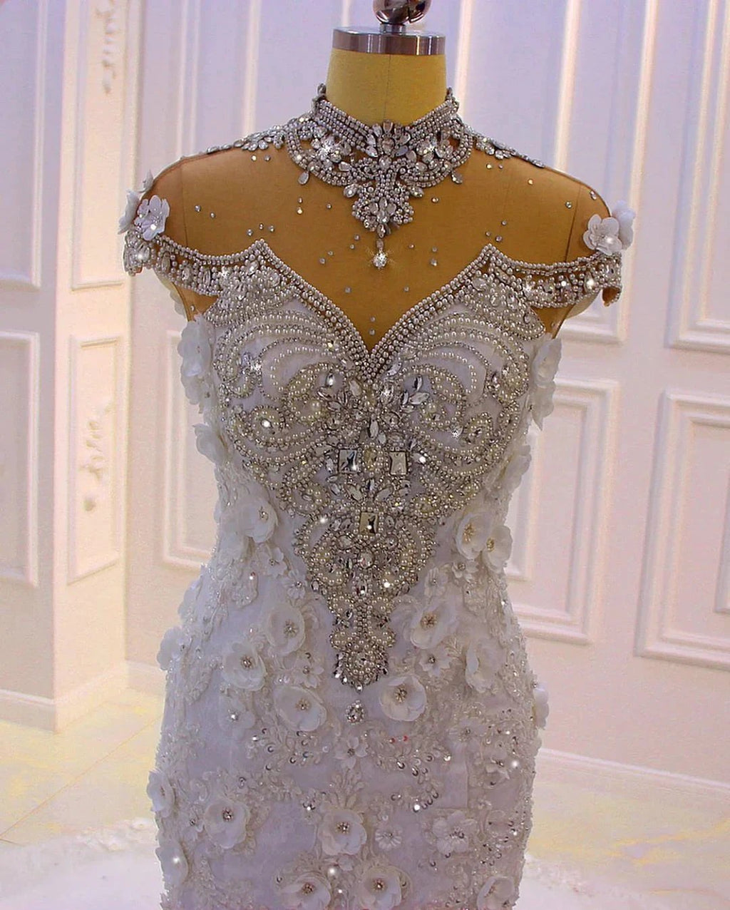 Gorgeous Long Mermaid High Neck Appliques Lace Crystal Tulle Wedding Dress
