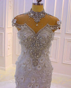Gorgeous Long Mermaid High Neck Appliques Lace Crystal Tulle Wedding Dress