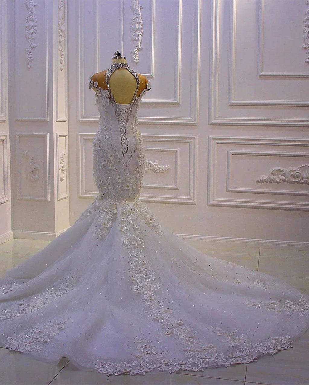 Gorgeous Long Mermaid High Neck Appliques Lace Crystal Tulle Wedding Dress