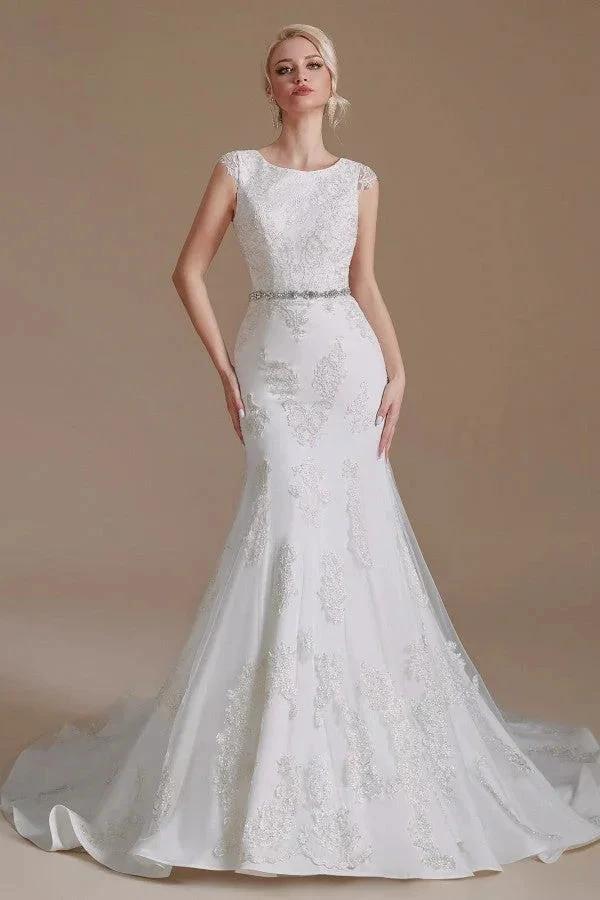 Gorgeous Long Mermaid Jewel Tulle Lace Wedding Dress