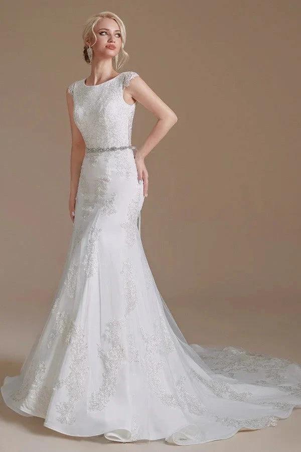 Gorgeous Long Mermaid Jewel Tulle Lace Wedding Dress