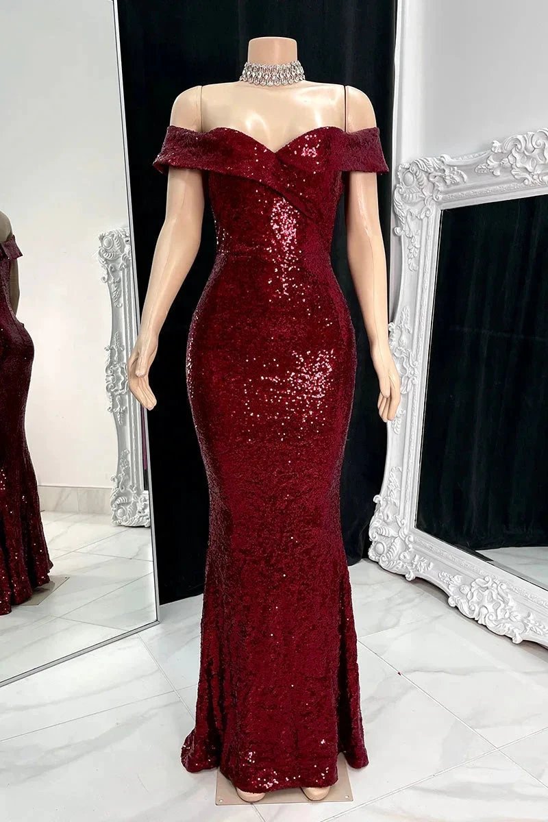 Gorgeous Long Mermaid Off-the-shoulder Sequined Split Prom Dress