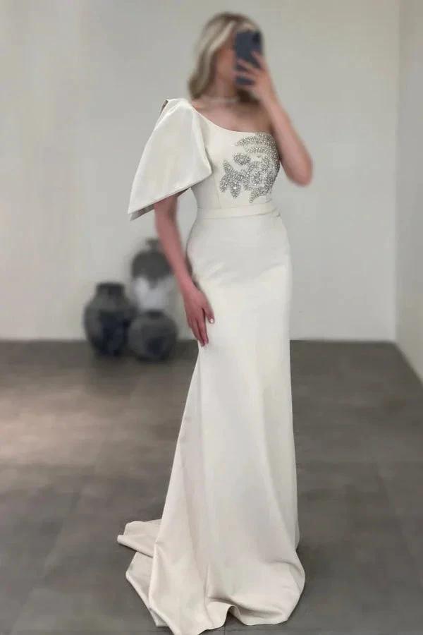 Gorgeous Long Mermaid One Shoulder Satin Rhinestones Sleeveless Prom Dress