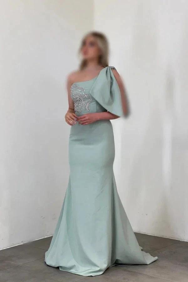 Gorgeous Long Mermaid One Shoulder Satin Rhinestones Sleeveless Prom Dress