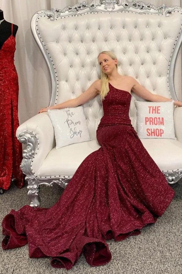 Gorgeous Long Mermaid One Shoulder Sequins Prom Dresses