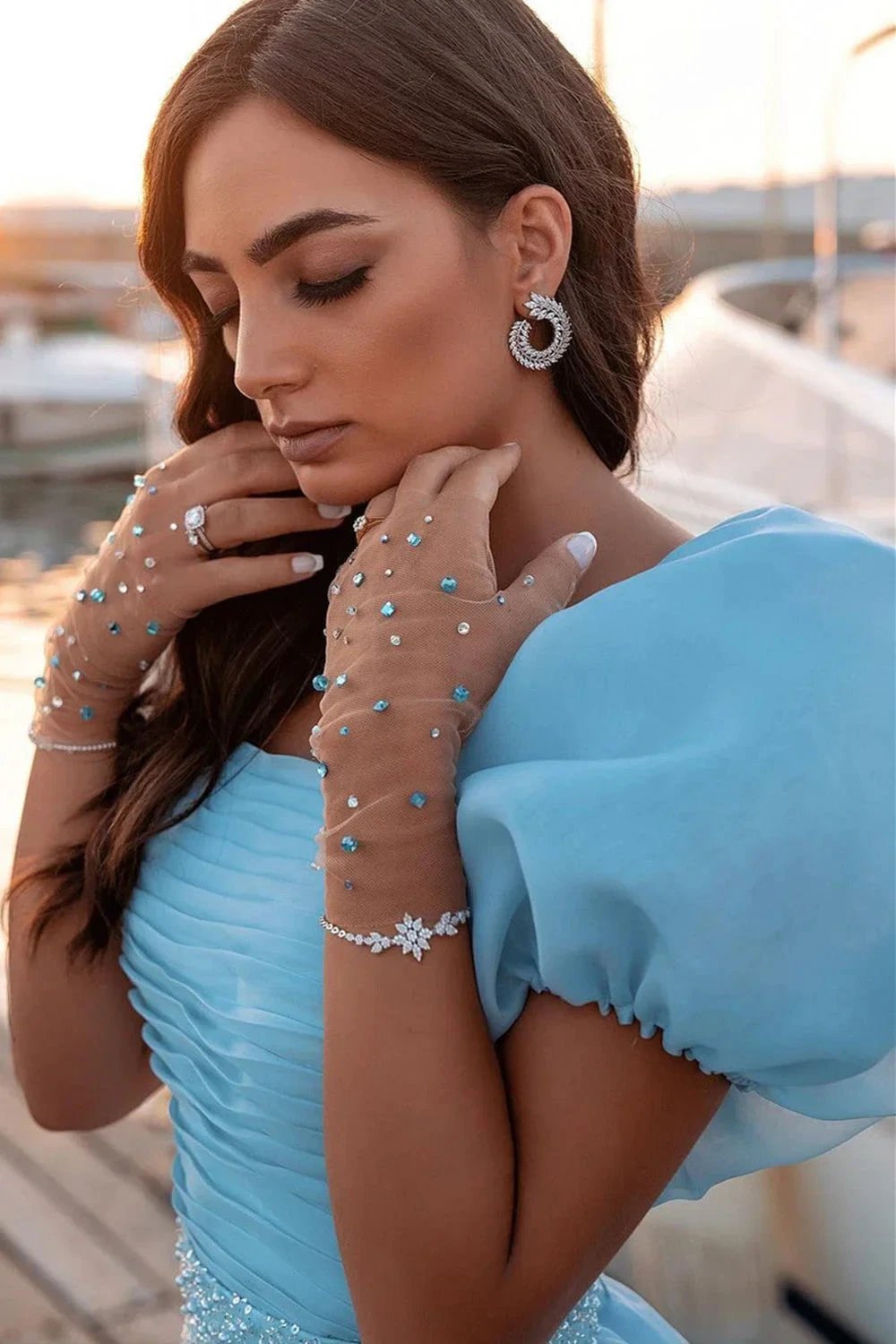 Gorgeous Long Mermaid Puffy Sleeves Sequins Prom Dress With Detachable Tulle Train