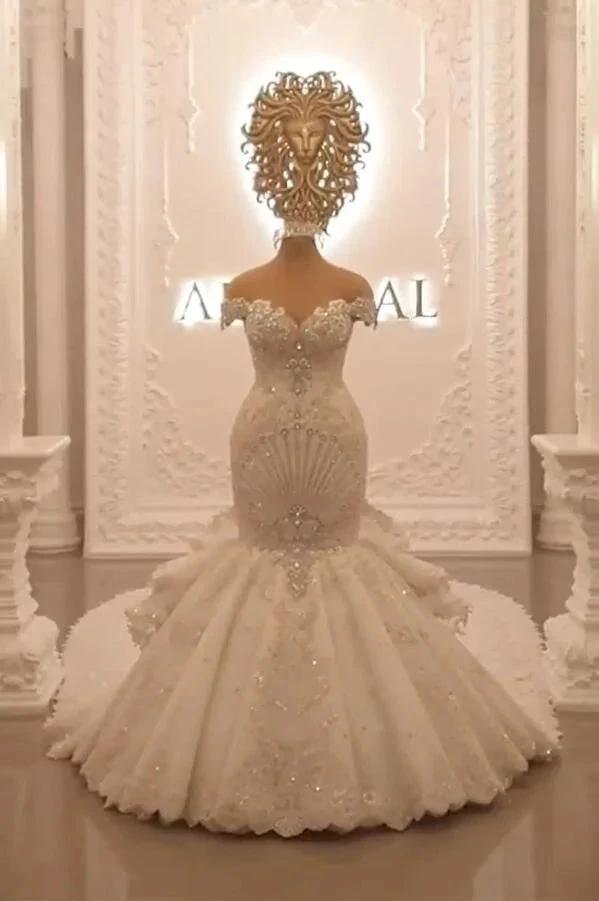 Gorgeous Long Off the Shoulder Crystal Backless Mermaid Wedding Dresses