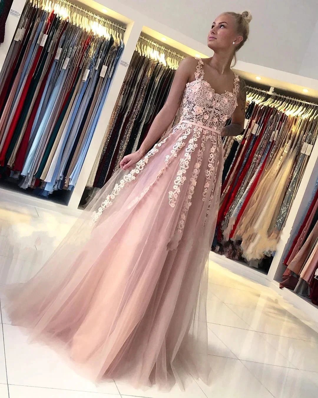 Gorgeous Long Open Back Tulle Lace A-line Prom Dress