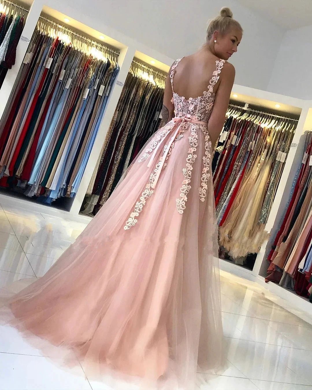 Gorgeous Long Open Back Tulle Lace A-line Prom Dress