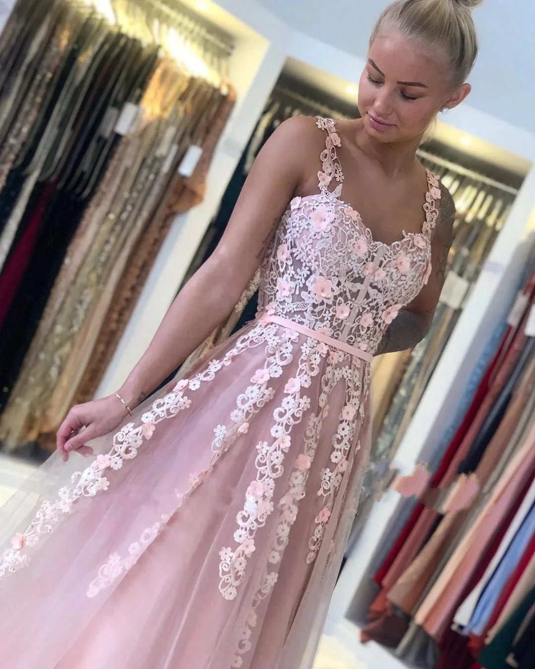 Gorgeous Long Open Back Tulle Lace A-line Prom Dress