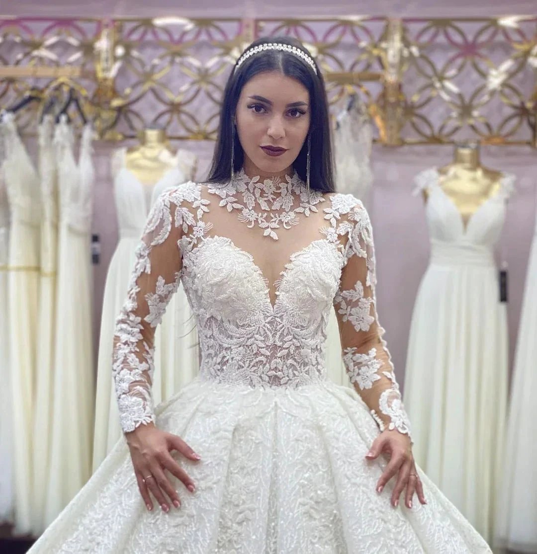 Gorgeous Long Princess High-neck Lace Appliques Wedding Dress with Sleeves