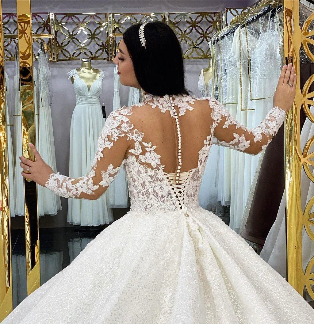 Gorgeous Long Princess High-neck Lace Appliques Wedding Dress with Sleeves