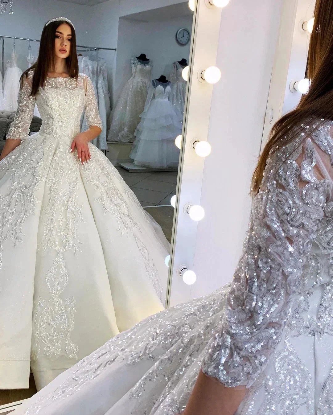 Gorgeous Long Princess Satin Bateau Appliques Lace Wedding Dress with Sleeves