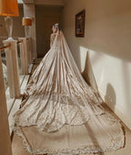 Gorgeous Long Princess Sweetheart Beading Pearl Satin Wedding Dress with Sleeves