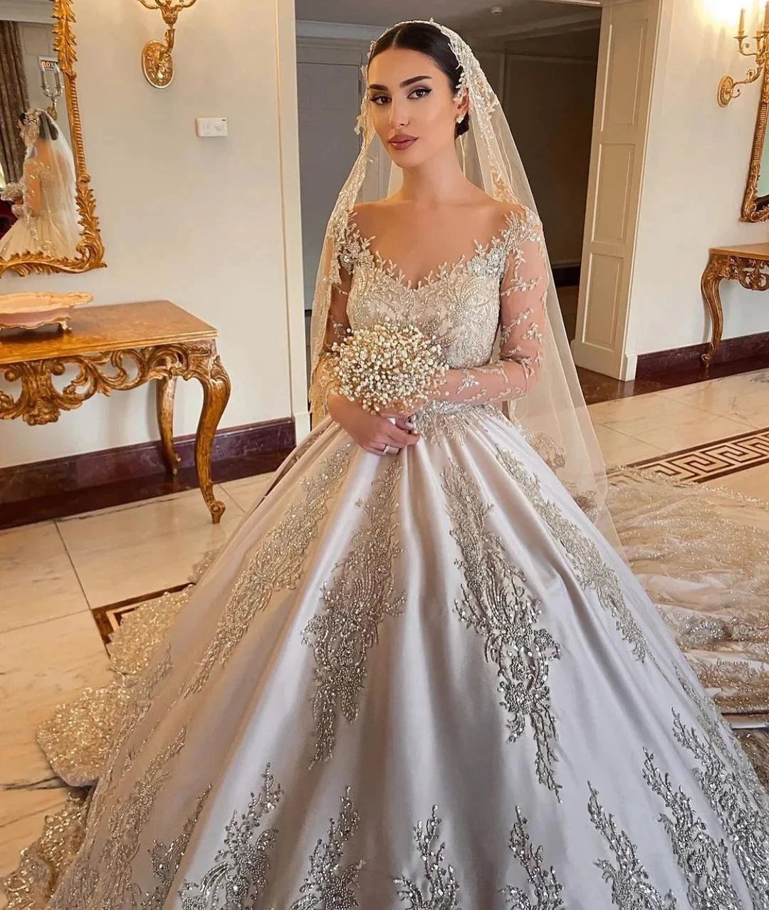Gorgeous Long Princess Sweetheart Beading Pearl Satin Wedding Dress with Sleeves