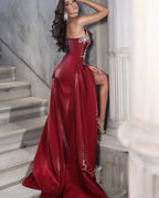 Gorgeous Long Red A-line Glitter One-Shoulder Sleeveless Prom Dress With Slit
