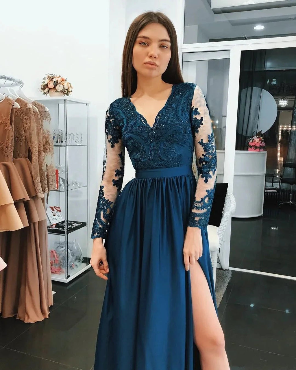Gorgeous Long Sleeves A-Line Chiffon Blue Prom Dresses with Slit