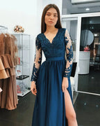 Gorgeous Long Sleeves A-Line Chiffon Blue Prom Dresses with Slit